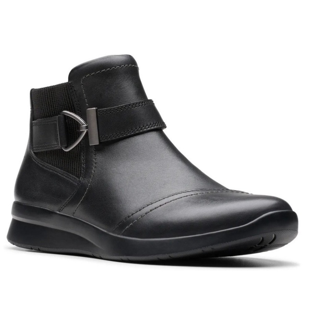 Clarks Ellowyn Strap Black‎ Leather Ankle Boots Womens Size 6 Zip Booties NEW